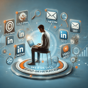 A man sitting at a laptop around various ways for web design lead generation