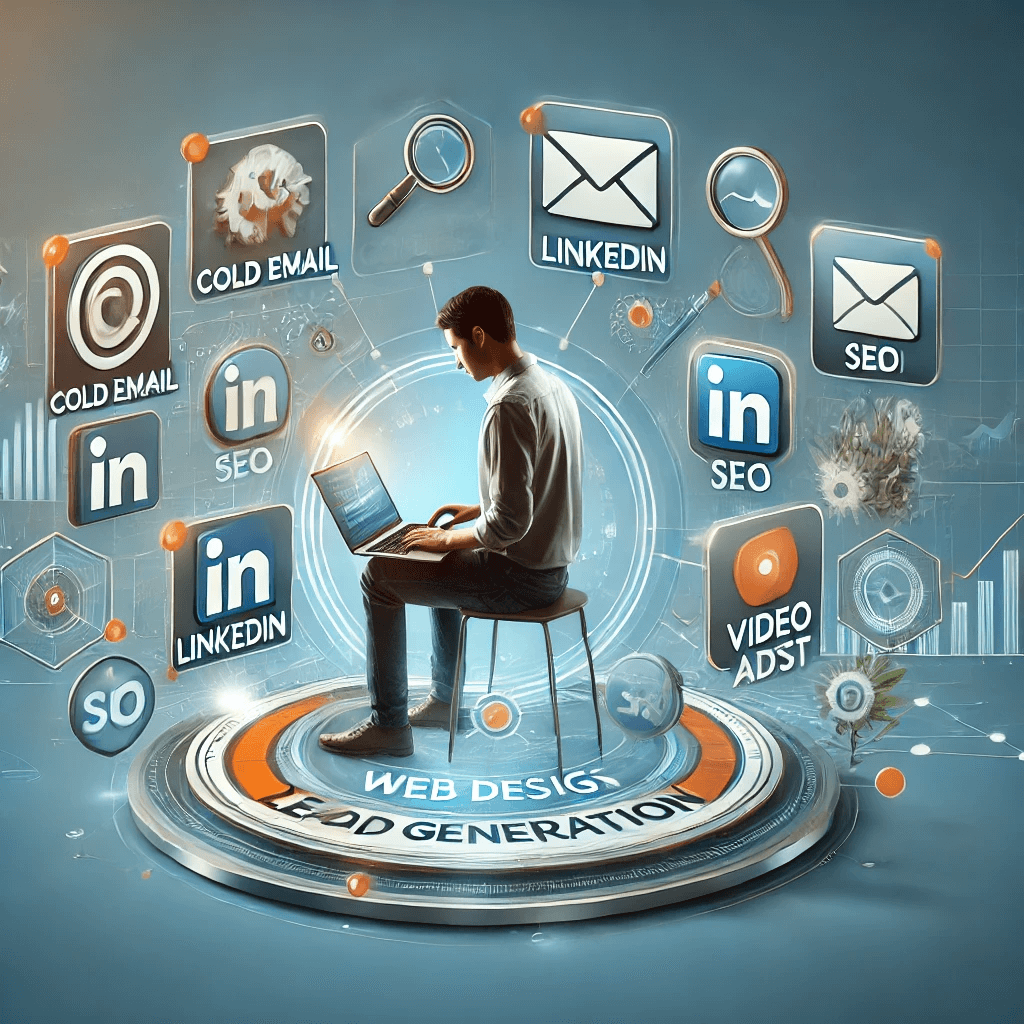 A man sitting at a laptop around various ways for web design lead generation
